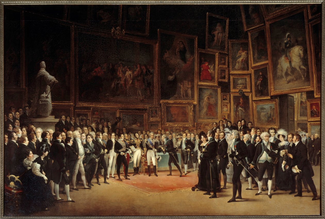 X. Károly király (1757-1836) kitüntetéseket oszt ki a művészeknek a Francois Joseph Heim (1787-1865) festménye című 1824-es kiállítás után 1827 V. 1,73x2,56 m alkotó: François Joseph Heim