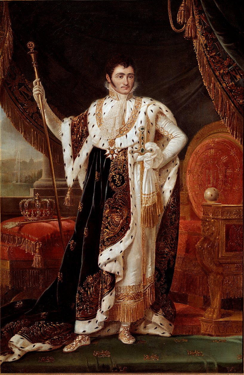 Jerome Bonaparte (1784-1860) vesztfáliai király portréja, Wilhelmshohe kertje előtt Francois Joseph (Francois-Joseph) Kinson (1770-1839) vagy Kinsoen festménye. 19. századi V. 2,1x1,4 m Versailles musee du chateau alkotó: Francois Josephe Kinson