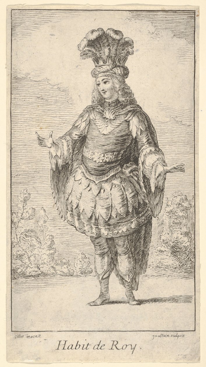Habit de Roy: egy férfi, aki rozettákkal díszített tonnelettet, koronát és turbánt visel, kb. 1721. alkotó: Francois Joullain