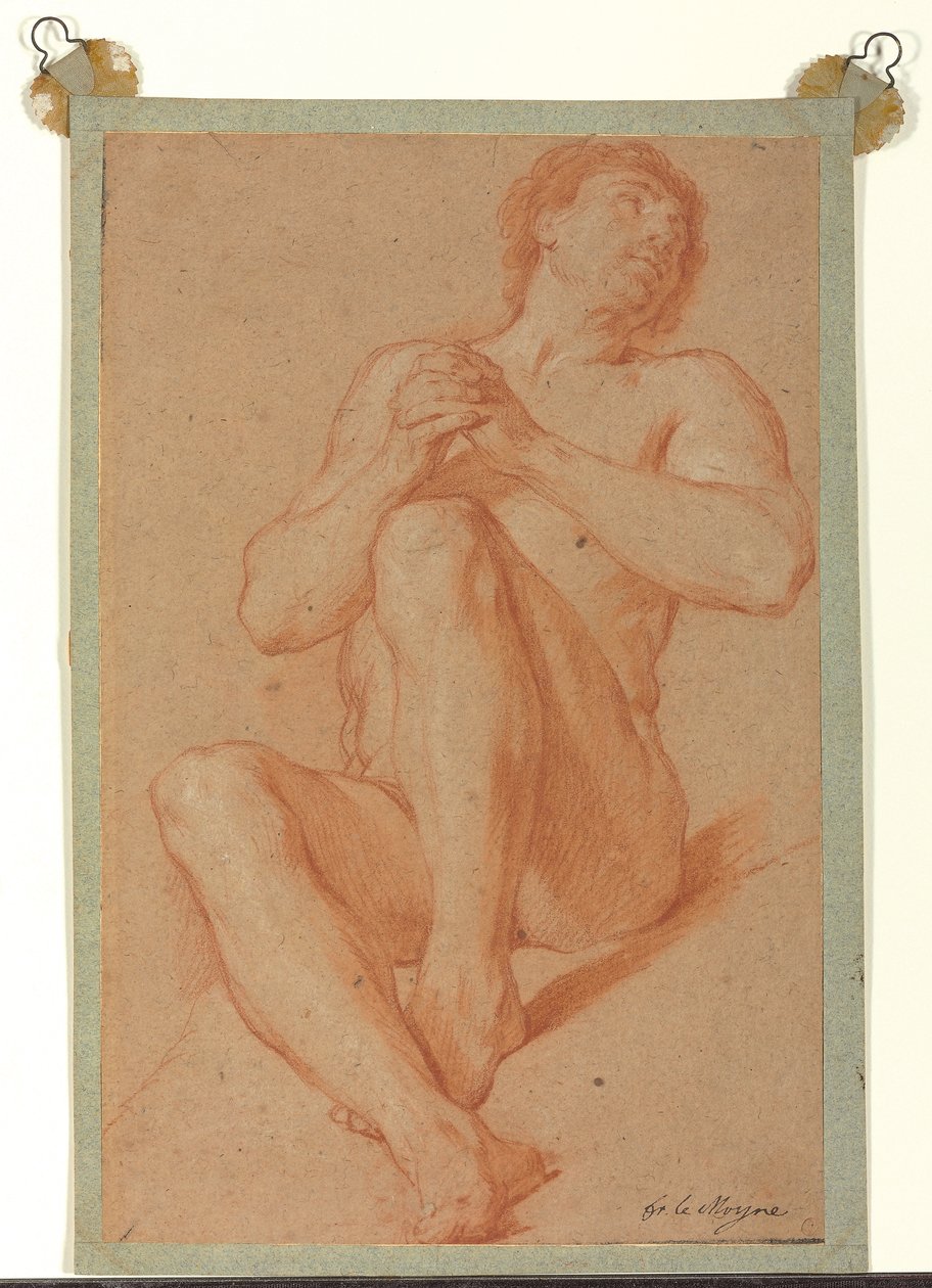 Ülő akadémiai akt, összekulcsolt kézzel, 1723-24 körül (piros-fehér kréta világosbarna papíron) alkotó: François Lemoyne