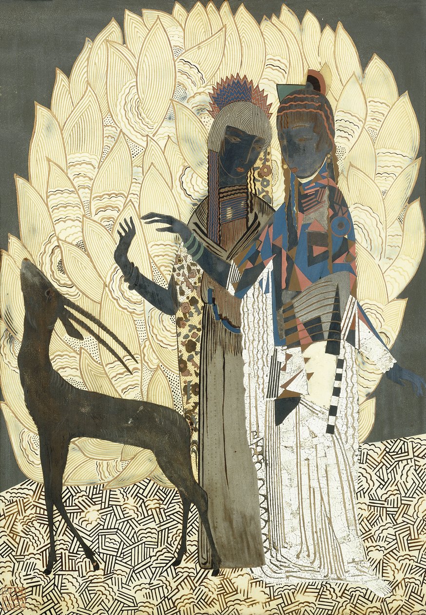 Két stilizált nő egy antiloppal lombok között, 1928 körül (lakk és coquille d