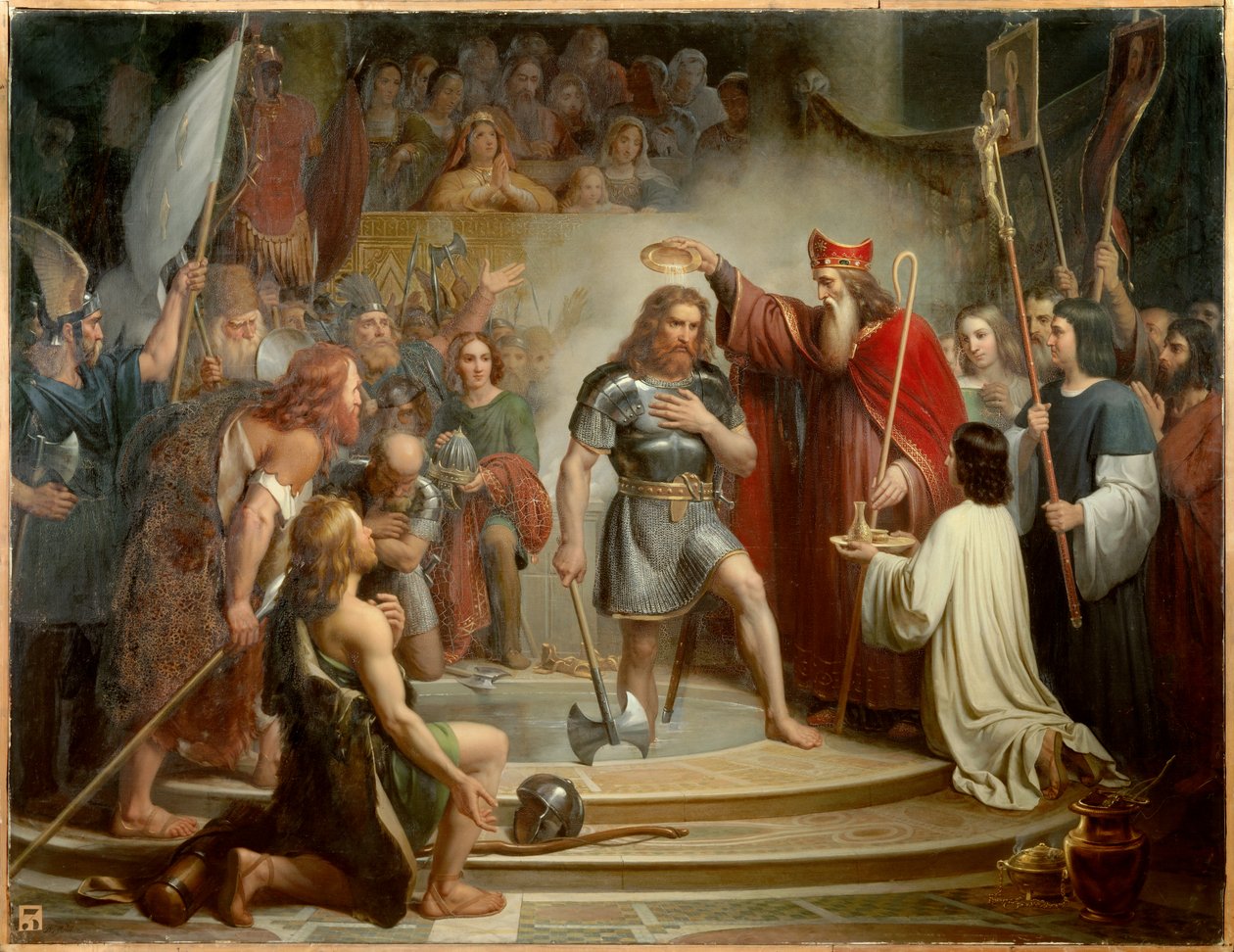 Clovis megkeresztelkedése Reimsben 496. december 25-én. Francois Louis Dejuinne (1786-1844) festménye alkotó: Francois Louis Dejuinne