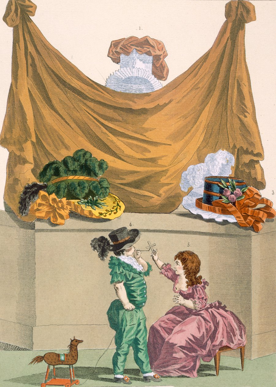 Kalapok és gyerekruhák, Dupin gravírozása, 321-es tábla a „Galeries des Modes et Costumes Francais”-ból, 1780 alkotó: Francois Louis Joseph Watteau