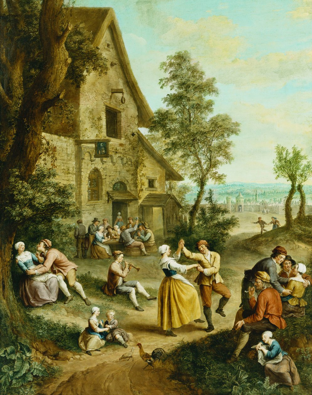 Parasztok táncolnak és mulatnak egy kocsma előtt, egy fallal körülvett város azon túl, alkotó: Francois Louis Joseph Watteau