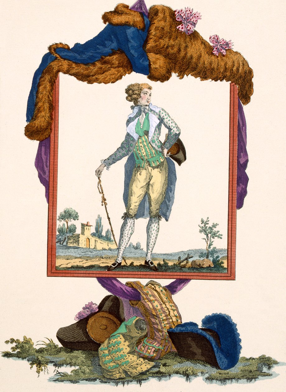 Fiatal férfi fehér selyemkabátban, festett mellényben, Dupin metszetével, 265-ös tábla a „Galeries des Modes et Costumes Francais”-ból, 1778-87 körül alkotó: Francois Louis Joseph Watteau