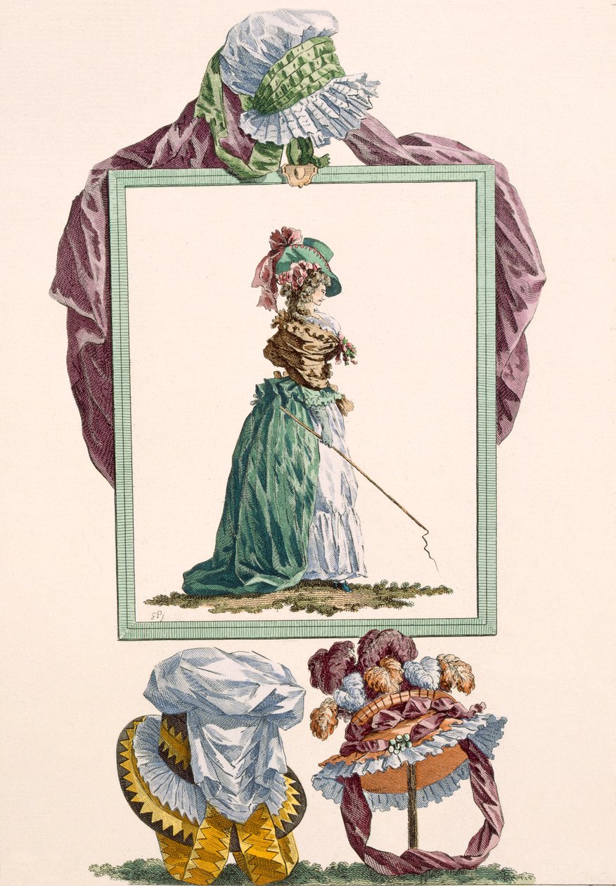 Pierrot caraco-ba öltözött fiatal nő, kezében egy hintóostor, Dupin metszetével, 238-as tábla a „Galeries des Modes et Costumes Francais”-ból, 1778-87 körül alkotó: Francois Louis Joseph Watteau