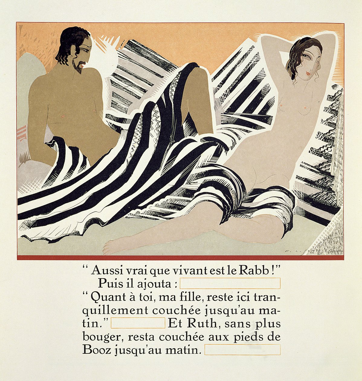 Ruth Boáz lábainál pihen, a „Ruth et Booz”-ból, J. C. Mardrus fordításában, 1930-ban jelent meg alkotó: Francois Louis Schmied