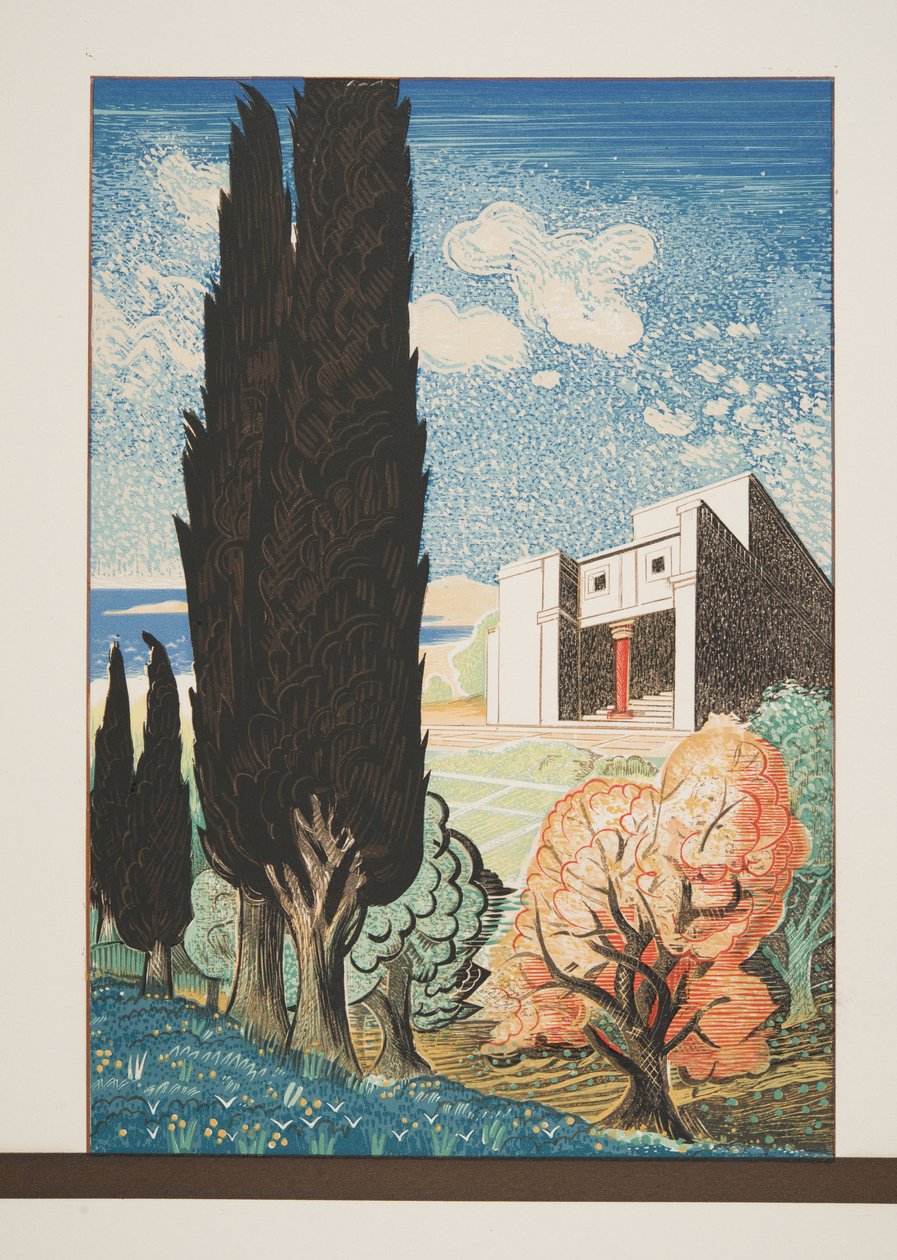 Templom ciprusfával, az Aiszkhülosz által elvarázsolt Prometheustól, kocsma. 1941 (sablonnyomat) alkotó: Francois Louis Schmied
