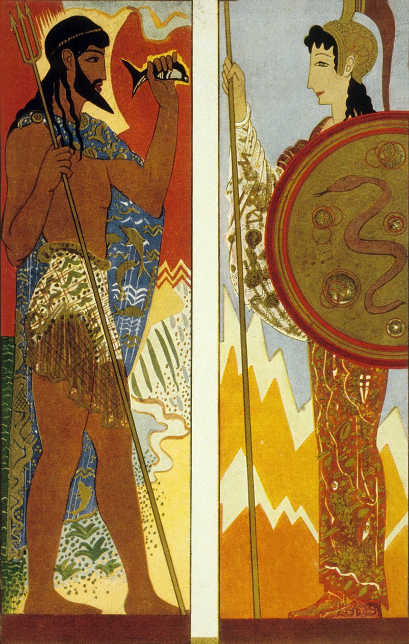 Homérosz Odüsszeája: Poszeidon és Athéné istenek, Theo Schmied metszet, 1930-33 színes litó alkotó: Francois Louis Schmied