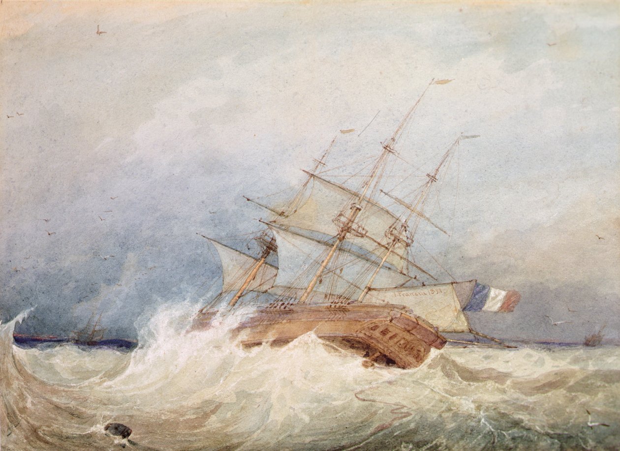 Francia fregatt viharos időben (akvarell) alkotó: Francois Louis Thomas Francia