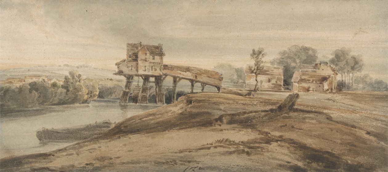 Vízimalom a charentoni híd felett, Thomas Girtin (1775-1802) festménye nyomán (wc grafit fölött, papíron) alkotó: Francois Louis Thomas Francia