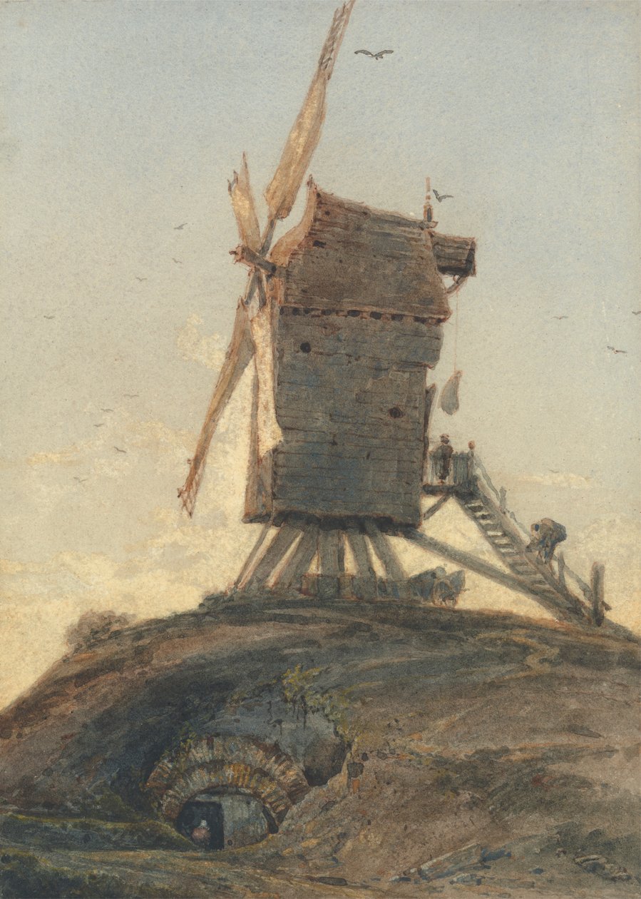 Szélmalom egy domboldalon a tájon alkotó: Francois Louis Thomas Francia