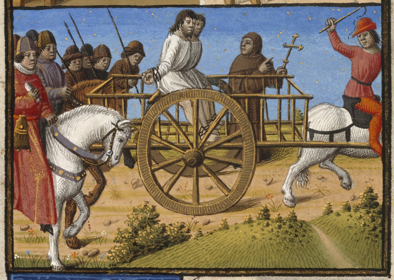 Harley 4375, f.140 Két fogoly egy szekéren, akiket kivégzésre visznek, egy pap kíséretében, illusztráció a „Les Faits et les Dis des des Romains et de Autres Gens” (vagy „Memorabilia”) című művéből, Valerius Maximus, Párizs alkotó: Francois Maitre