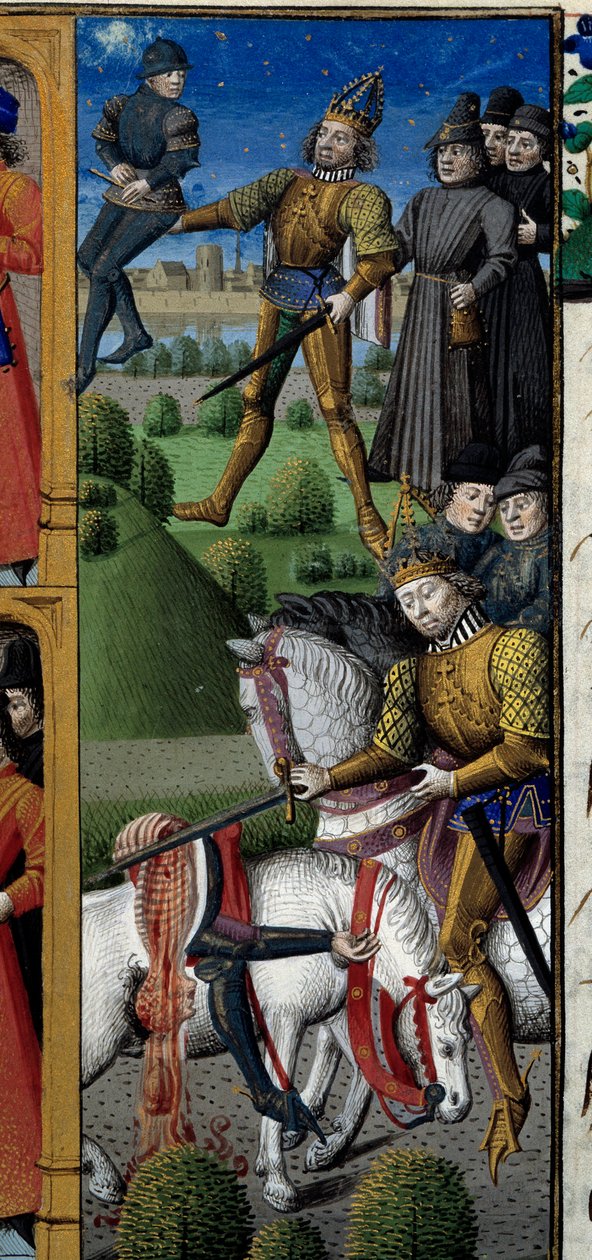 Jelenetek Nagy Károly (742-814) frank király életéből: harci jelenet. Majom. Miniatúra Vincent de Beauvais (1184/94-1264) „Speculum historiale” (Le Mirror historial) kéziratából, amelyet Francois mester (15. század) világított meg. alkotó: Maître François