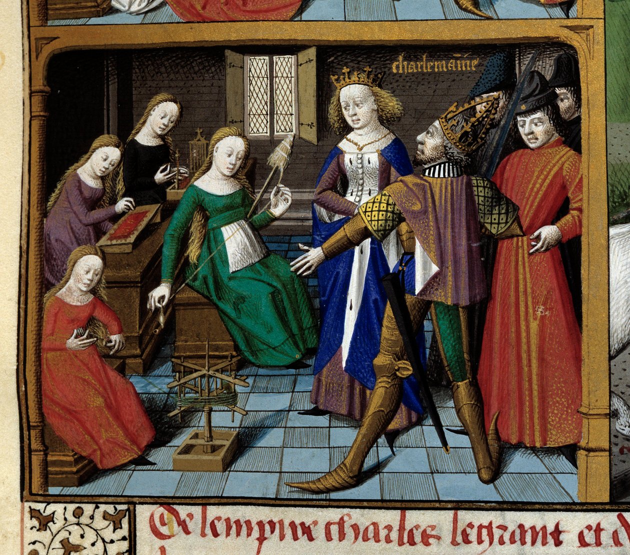 Jelenetek Nagy Károly (742-814) frank király életéből: a császár gyapjúfonó nőket látogat meg. Miniatűr Vincent de Beauvais (1184/94-1264) „Speculum historiale” (Le Mirror historial) kéziratából, amelyet Franc mester megvilágított. alkotó: Maître François