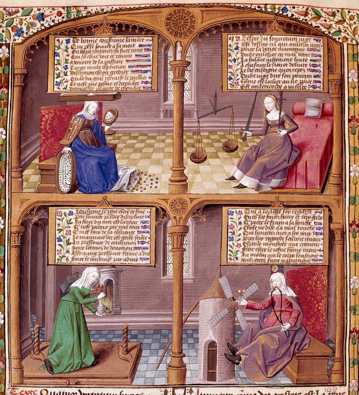 A négy kardinális vírus: óvatosság, erő, kontinencia és igazságosság. Az oldal Seneque (Lucius Annaeus Seneca, i. e. 4-65. JC), a sztoikus iskola filozófusa, drámaíró és római államférfi, Francois mester által megvilágított kéziratából vett oldal. alkotó: Maître François