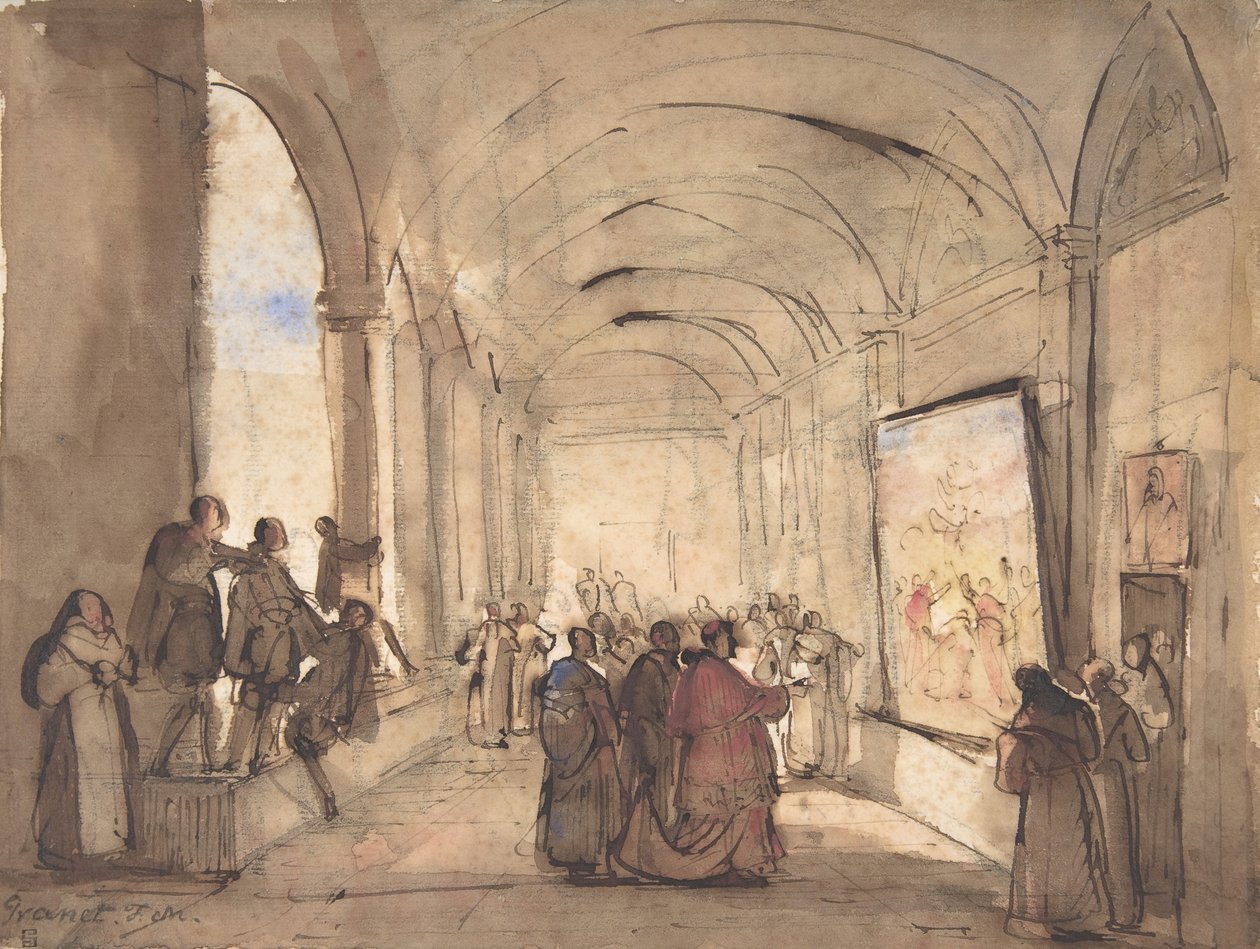 Festményt vizsgáló bíboros a kolostorban, 19. század első fele. alkotó: Francois Marius Granet