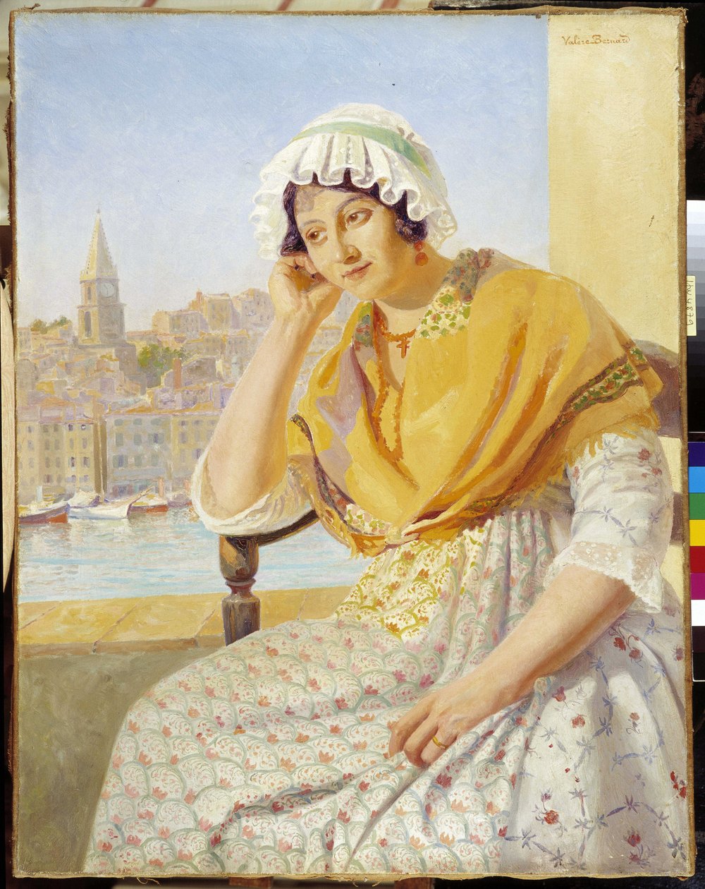 Madame Contencin a quai de Rive-Neuve teraszon Marseille-ben. Francois Marius Valere Bernard (1860-1936) festménye, Kötelező megemlíteni: Gyűjteményalapítványi üdvözlet Provence, Marseille. alkotó: Francois Marius Valere Bernard