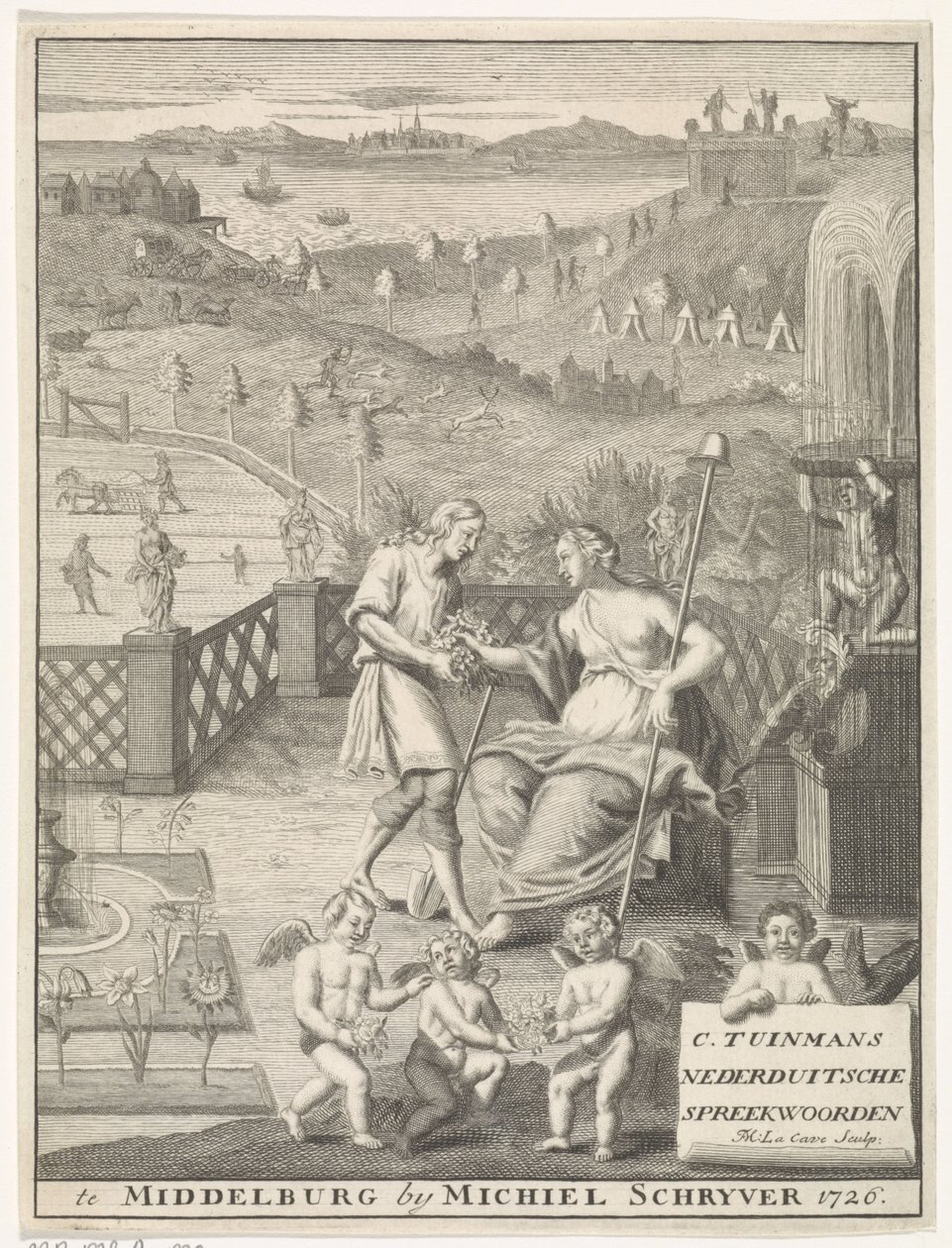 A holland szűz virágot kap egy kertésztől Címlap: Carolus Tuinman, A (...) Nederduitsche közmondások eredete és értelmezése, 1726. alkotó: Francois Morellon la Cave