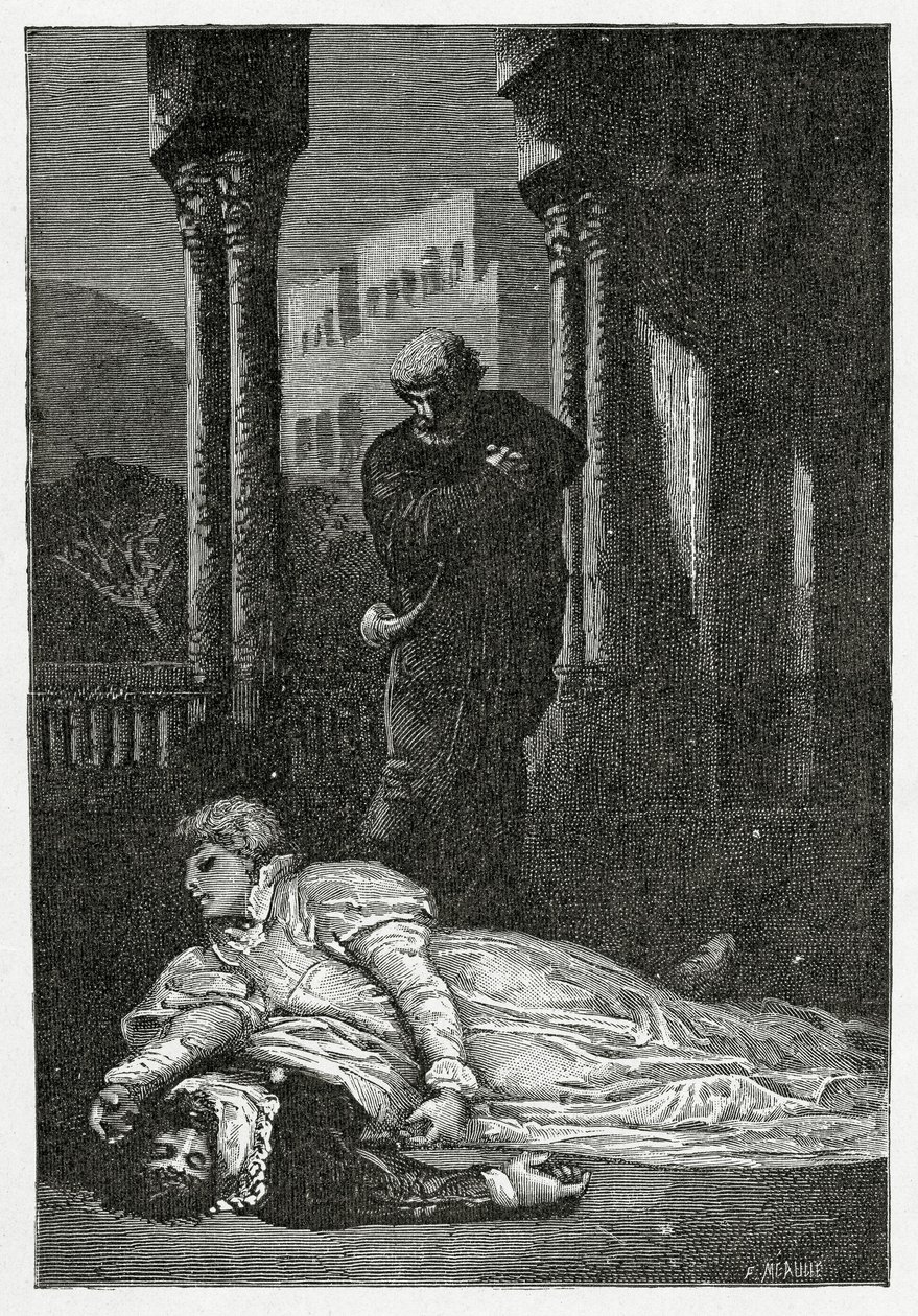 Dona Sol meghal Hernani holttestén, 19. század (bw metszet) alkotó: Francois Nicolas Chifflart