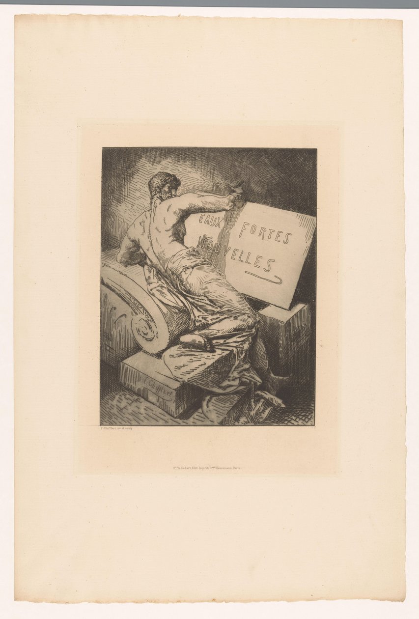 Címnyomat ember a kövön emlékművel Eaux Fortes Nouvelles (cím a tárgyon) Rézkarcok különböző nyomdászoktól 1877-ből (sorozat címe) L