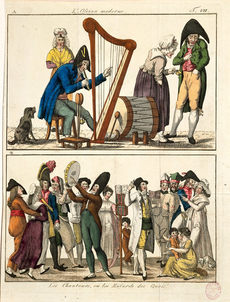 A modern Ossian és az utcai énekesek karikatúrája, Francois Nicolas Martinet, metszet alkotó: Francois Nicolas Martinet