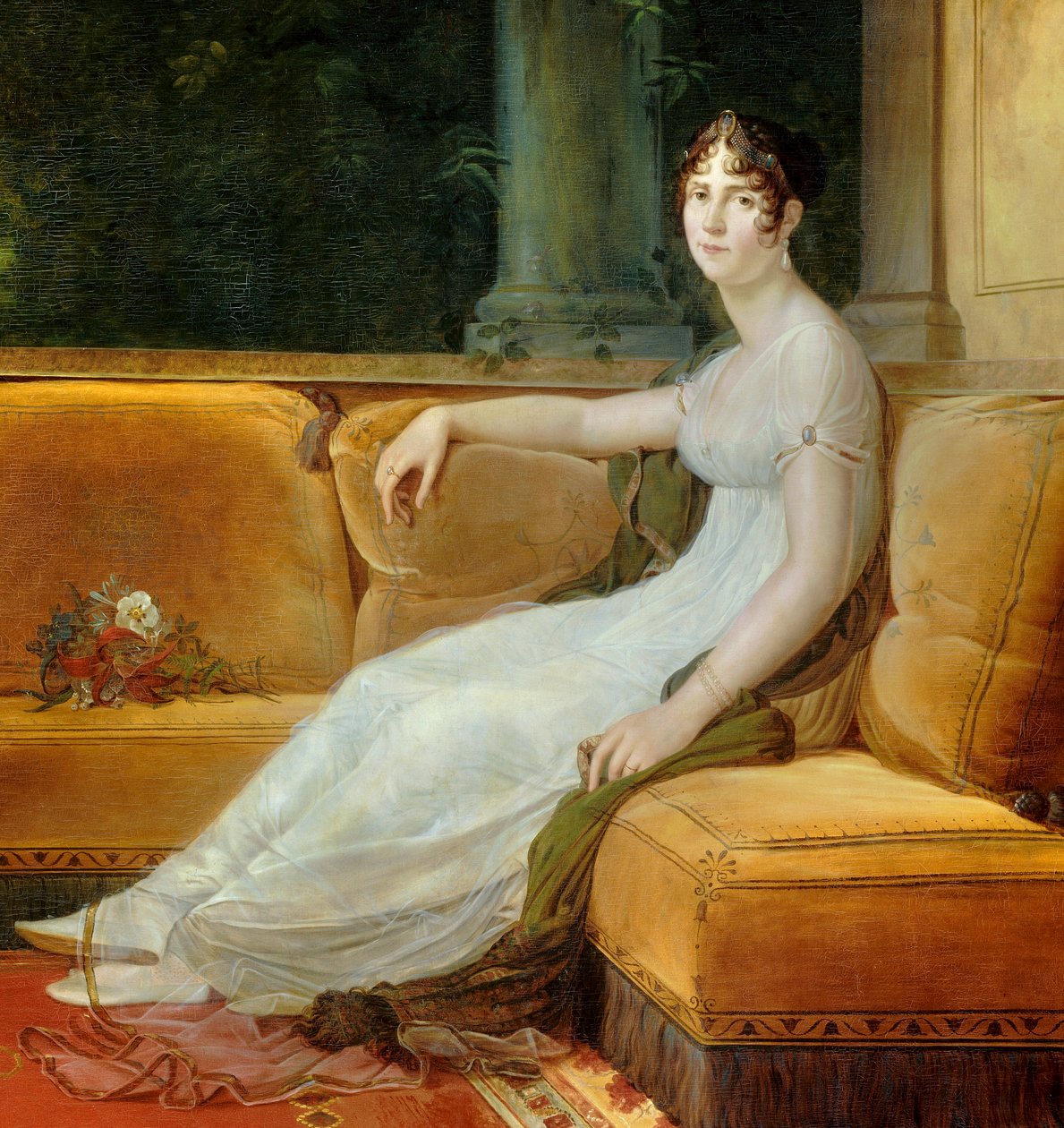 Részlet a következőről: „Josephine de Beauharnais császárné (1763-1814) portréja malmaisoni szalonjában”” Francois Gerard (1770-1837) festménye 1801 V. 1,71x1,64 m Malmaison, kastélymúzeum - Josephine de Beauharnais császárnő egész alakos portréja alkotó: Baron François Pascal Simon Gérard