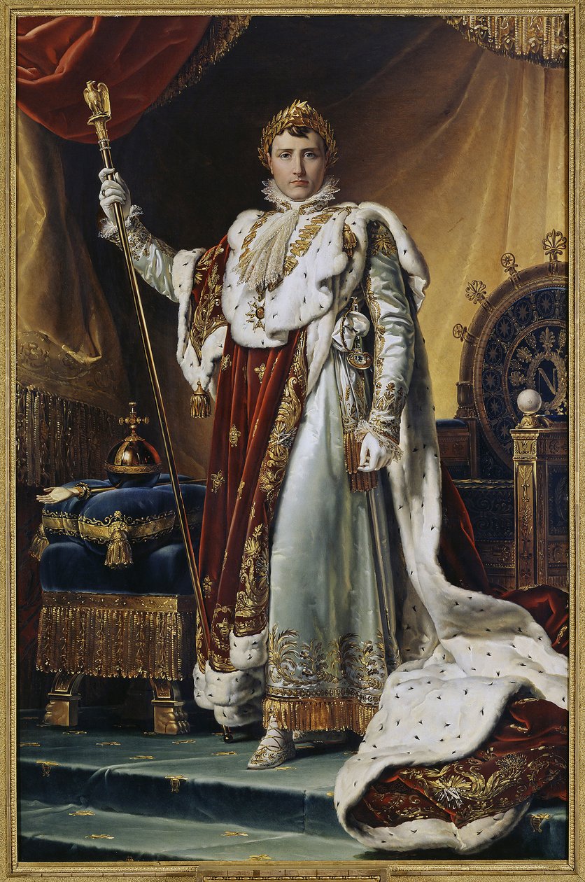 I. Bonaparte Napóleon császár (1769-1821) portréja koronázási jelmezben. (I. Bonaparte Napóleon császár portréja koronázási ruhájában). Francois Pascal Simon festménye, báró Gerard (1770-1837), olaj, vászon, 1804 körül. Francia művészet alkotó: Baron François Pascal Simon Gérard