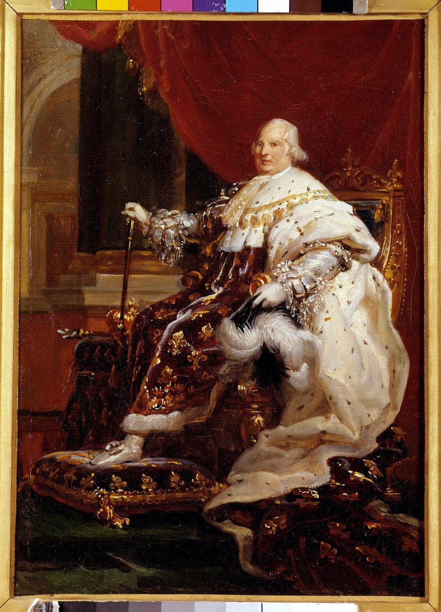 XVIII. Lajos (1755-1824) egészalakos portréja a corre jelmezében. Francois Gerard (1770-1837) festménye 1814 V. 0,32 x 0,23 m - XVIII. Lajos (1755-1824) egészalakos portréja koronázási köntösben. Francois Gerard (1770-1837) festménye alkotó: Baron François Pascal Simon Gérard