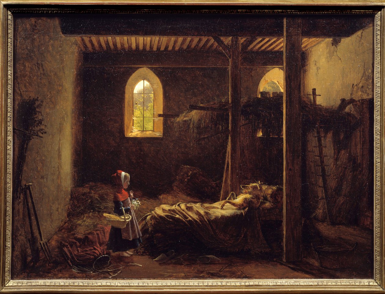 Piroska Charles Perrault meséjének illusztrációja: Piroska a farkas előtt, mint nagymama. Francois Richard Fleury (1777-1852) festménye 19. század V. 0,35x0,47 m . alkotó: Francois Richard Fleury