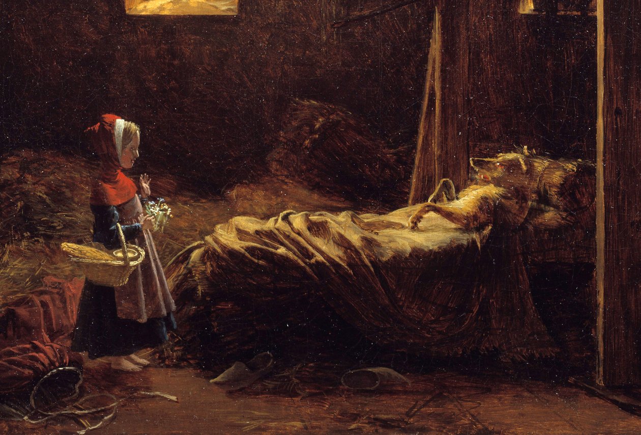 Piroska, részlet. Illusztráció Charles Perrault meséjéről, a kis piros csuklyáról a nagymamaként álcázott farkas előtt. Francois Richard Fleury (1777-1852) festménye 19. század V. 0,35x0,47 m . alkotó: Francois Richard Fleury