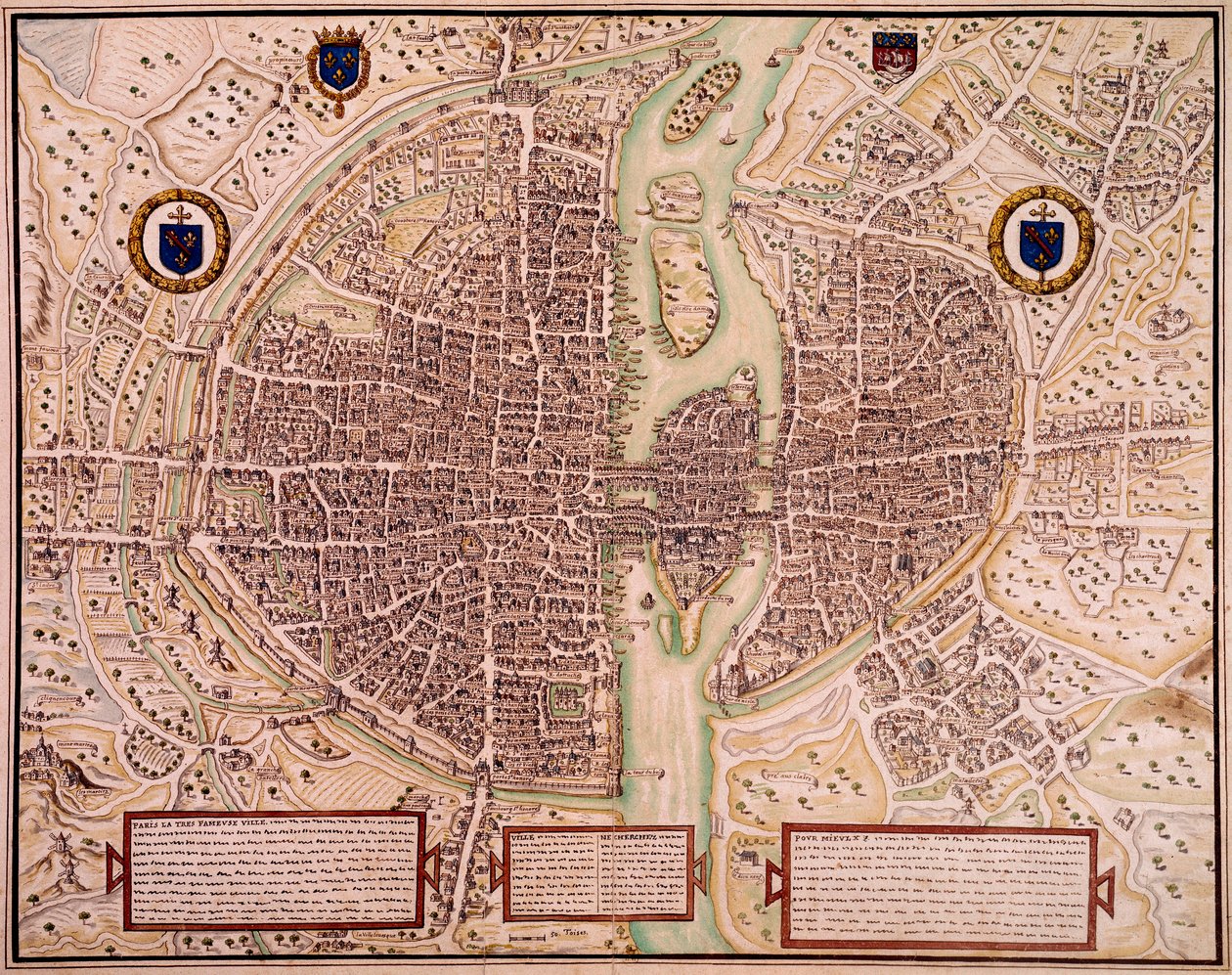 Párizs városának 1540-1555-ös térképe a kárpitoról szól. Francois Roger de Gaignieres (1642-1715) metszete. Párizs, B.N. alkotó: Francois Roger de Gaignieres