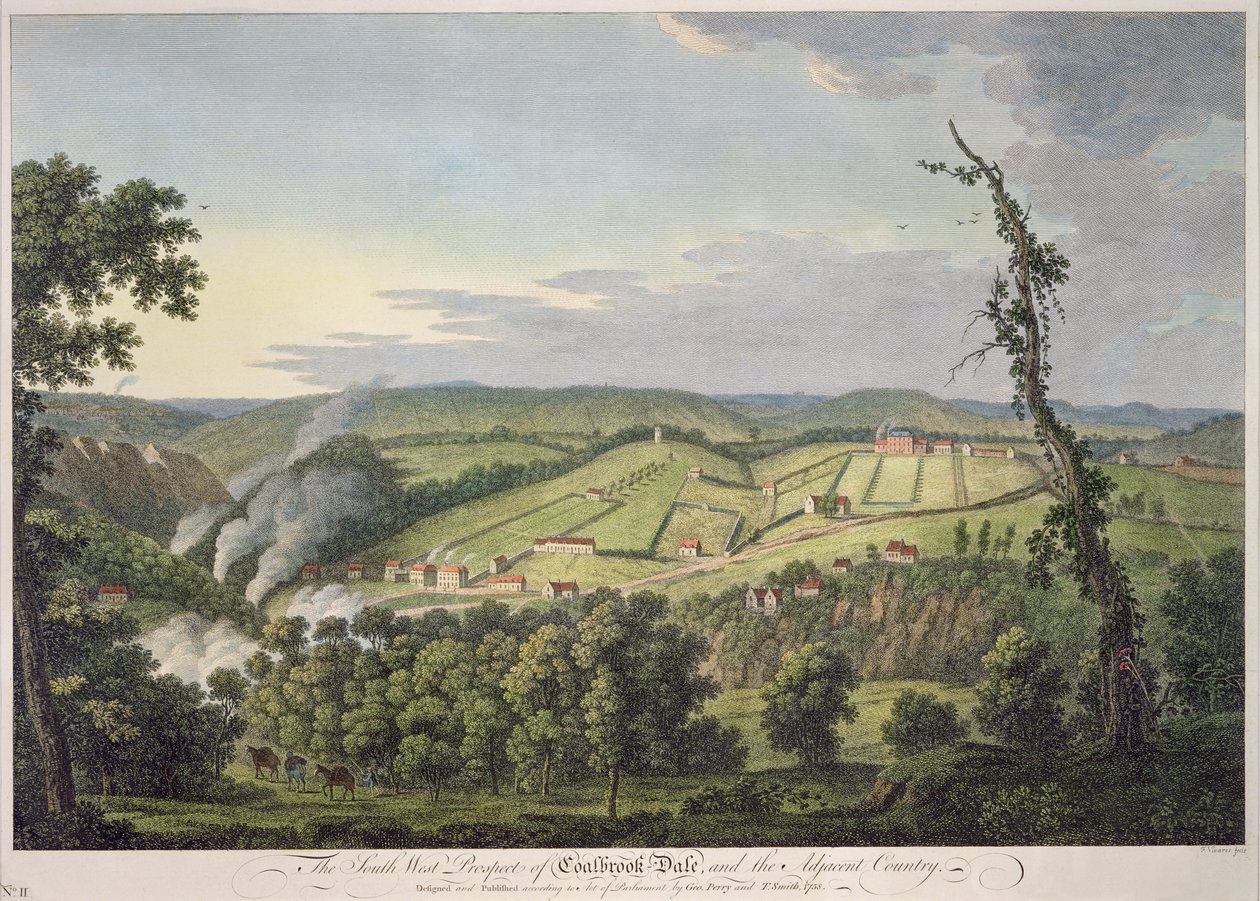 Coalbrookdale délnyugati kilátása (kézzel színezett gravírozás) alkotó: Francois Vivares