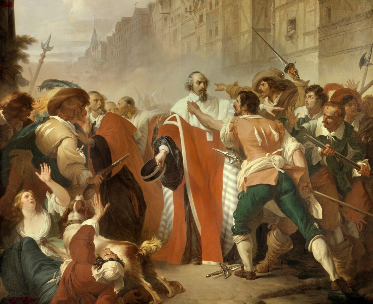 A fókák gárdája, Mathieu Mole (1584-1656) ellenállt a támadásnak a barikádok idején, 1648. augusztus 27-én a Fronde alatt A dühös tömeg követeli Pierre Broussel szabadon bocsátását, akit azért tartóztattak le, mert ellenezte a Ca által javasolt új adókat. alkotó: Francois Xavier Dupre
