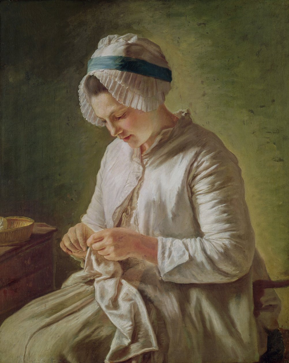 A varrónő vagy, fiatal nő dolgozik (olaj, vászon) alkotó: Francoise Duparc