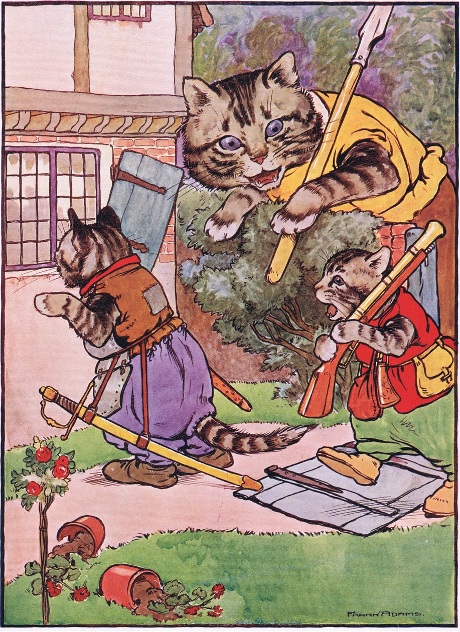 Egy macska a cicáival kúszik fel a házhoz, illusztráció a „The Frog would a Wooing Go” című művéből, Charles H. Bennett, 1916 alkotó: Frank Adams