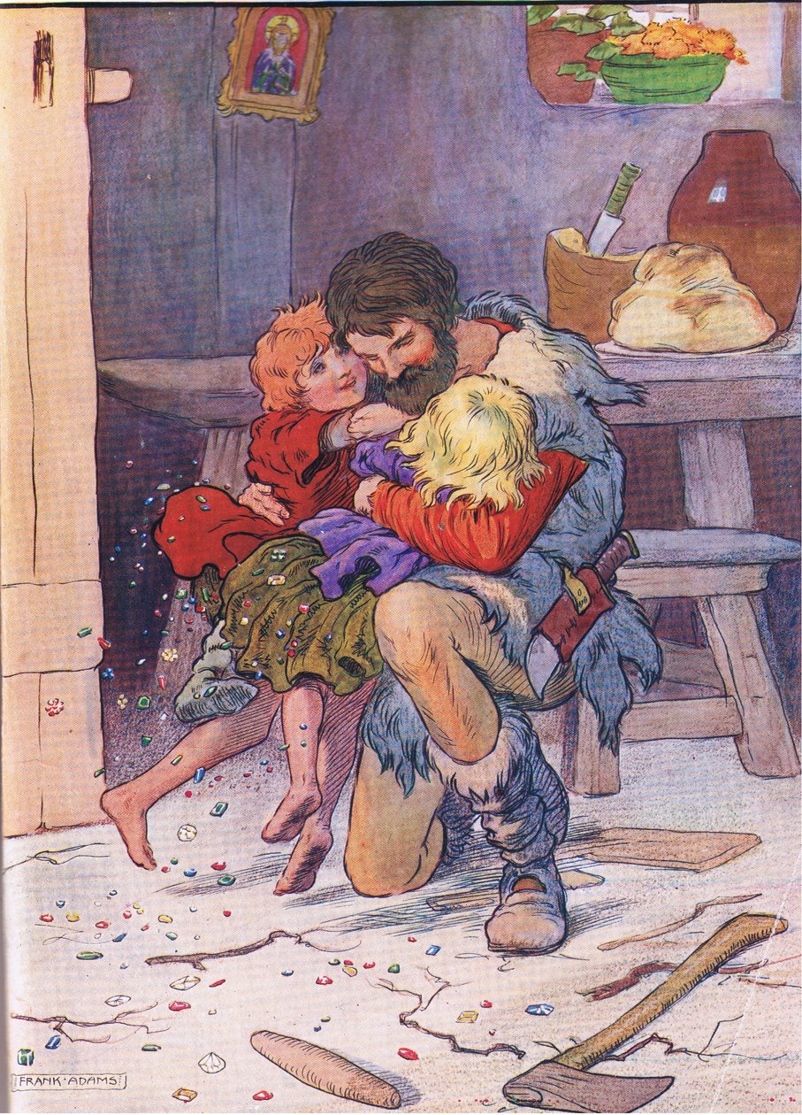 Kinyitották az ajtót, és apjuk karjaiba vetették magukat, a Blackie & Son Limited által kiadott Hansel és Greteltől, 1940 körül. alkotó: Frank Adams