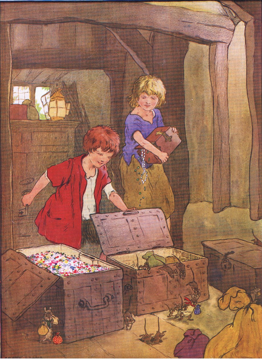 Amikor kinyitották a ládákat, tele vannak csodálatos drágakővel, ékszerekkel és gyémántokkal, a Blackie & Son Limited által kiadott Hansel and Greteltől, 1940 körül. alkotó: Frank Adams