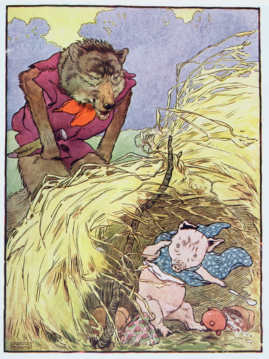 "Így hát addig fújt és fújt, amíg a szalmaházat be nem robbantotta", illusztráció a "Három kismalac" című könyvből, 1930-as évekbeli kiadás. alkotó: Frank Adams