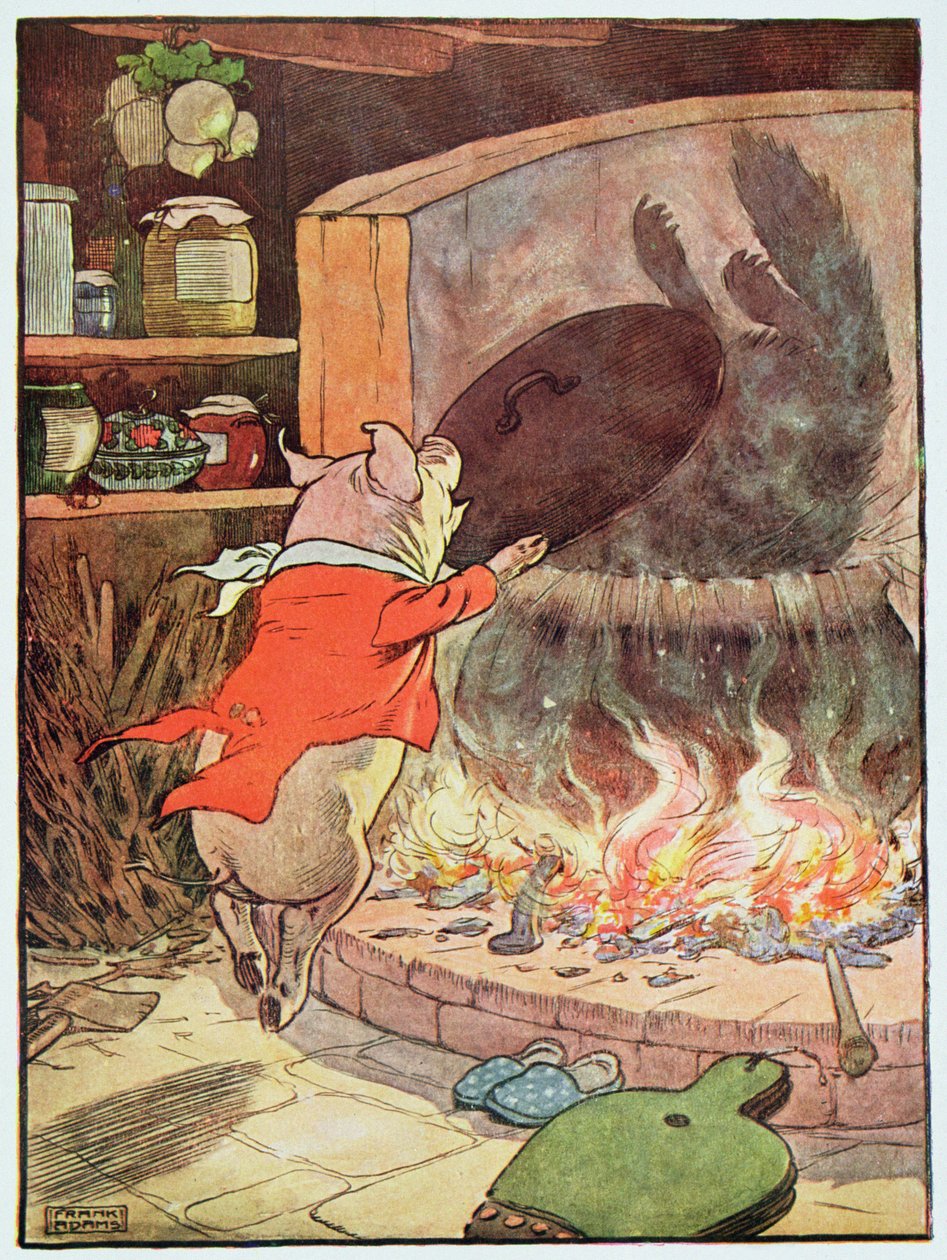 "A farkas csobbanással bukott a vízbe", illusztráció a "Három kismalac" című könyvből, 1930-as évek alkotó: Frank Adams