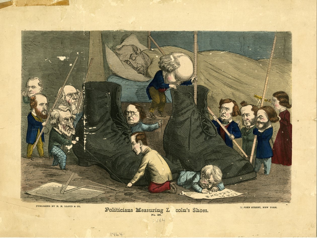 Politikusok Lincoln cipőjét mérik, 1864 (kézzel színezett metszet) alkotó: Frank Bellew