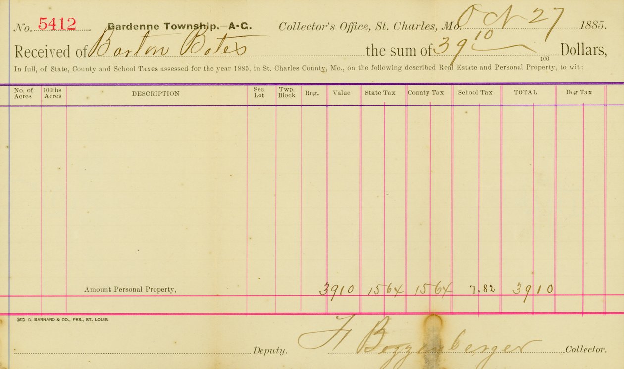 Az 1885. évre megállapított adók St. Charles megyében alkotó: Frank Bizzenberger