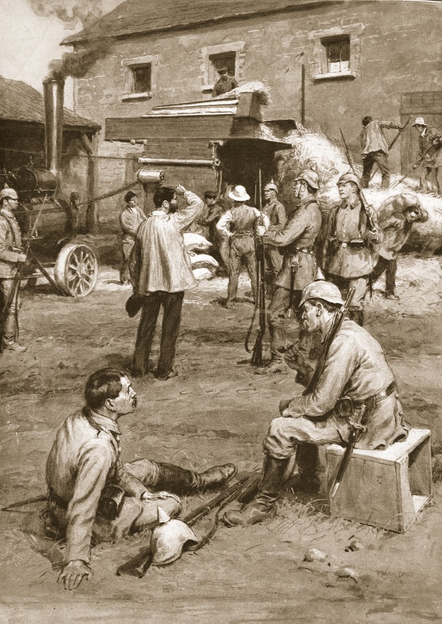 A németek arra kényszerítenek egy francia parasztot, hogy csépelje a kukoricáját a javukra. alkotó: Frank Dadd