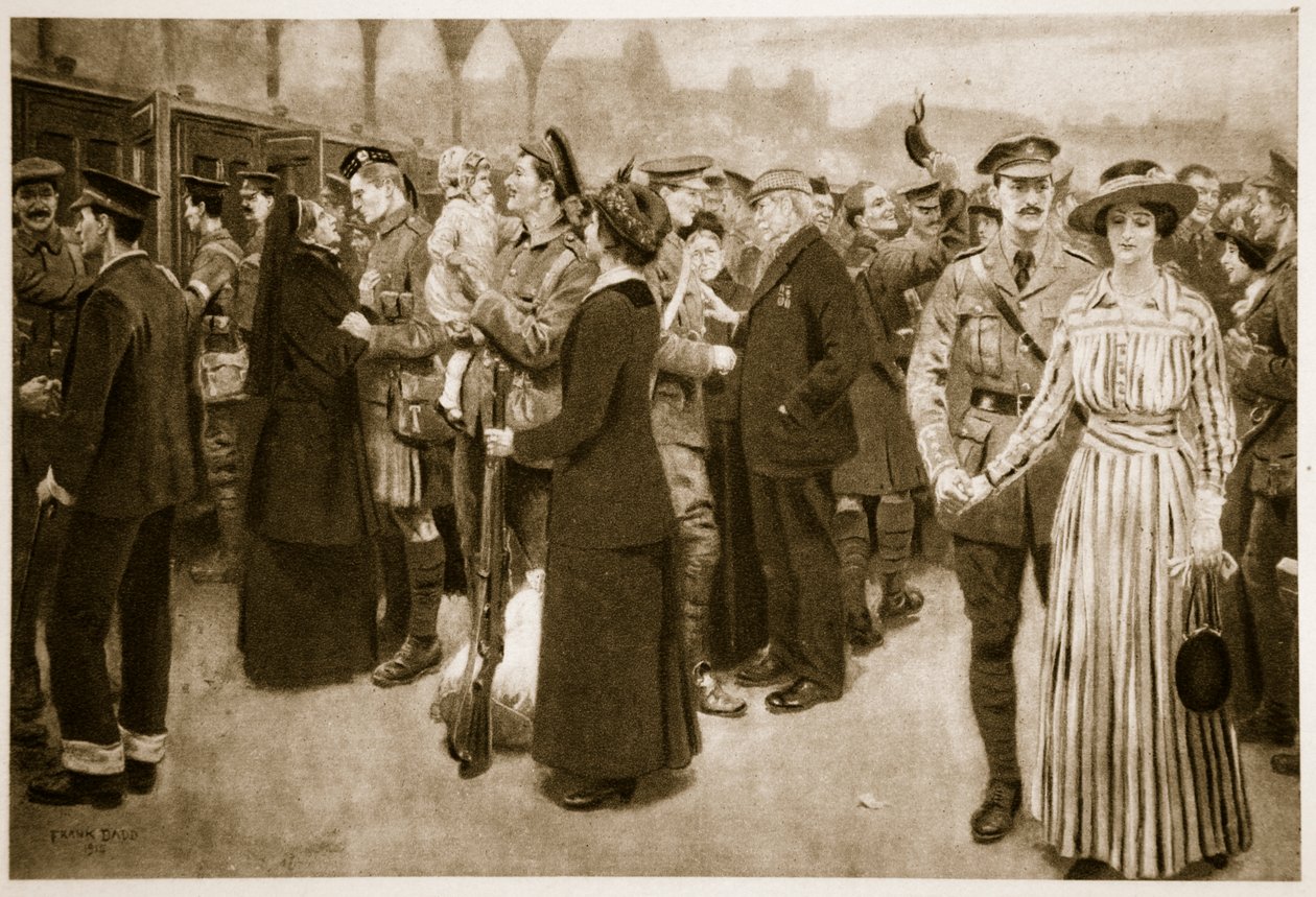 A búcsú pillanata: Megható jelenet a Victoria pályaudvaron a háború idején, 1915 alkotó: Frank Dadd