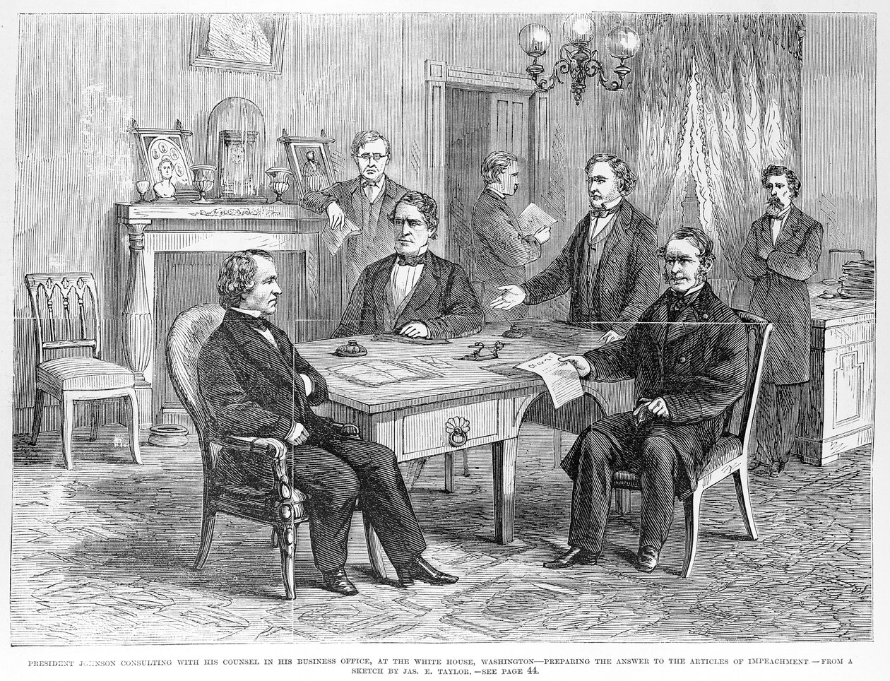 Johnson elnök (1808-75) tanácsos tanácsával, a "Frank Leslie
