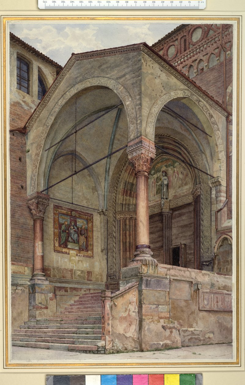 San Fermo Maggiore északi tornáca, Verona, Olaszország, kb. 1884-es akvarell szőtt papíron alkotó: Frank Randal