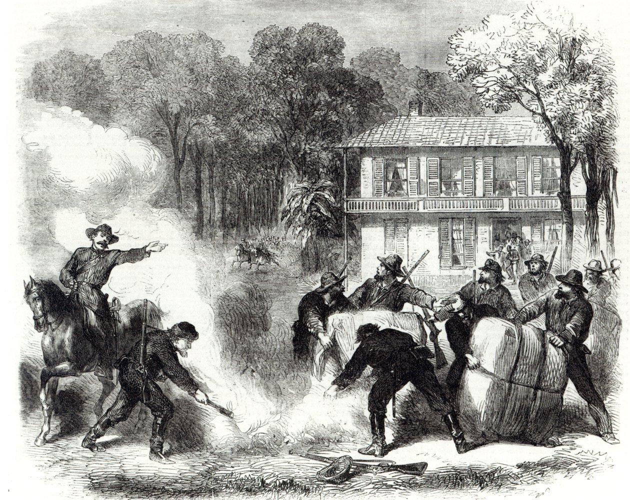 Konföderációs gyapotégetők Memphis közelében, meglepték a szövetségi felderítők az amerikai polgárháború idején, 1862 alkotó: Frank Vizetelly