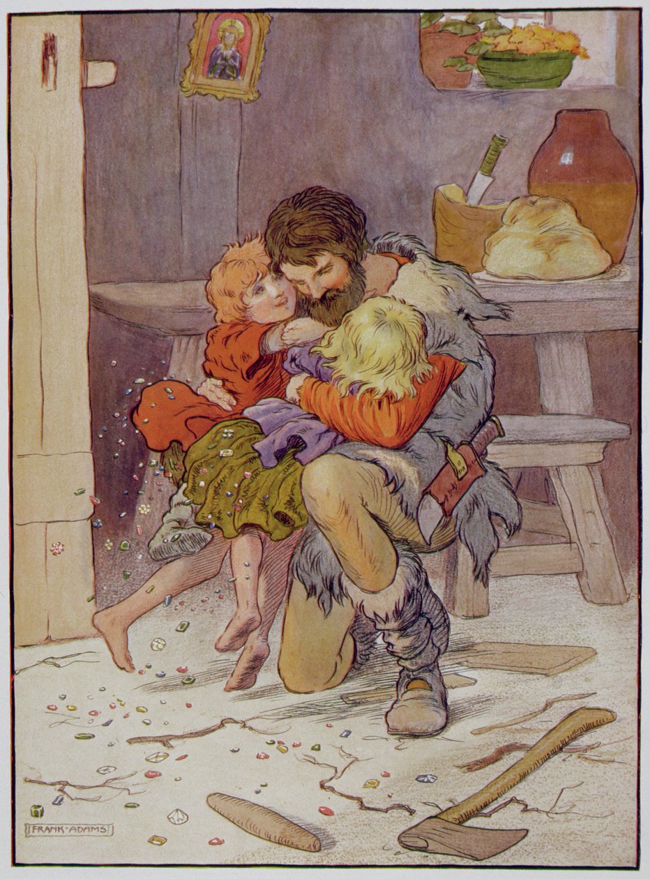 Hansel és Gretel visszatér, illusztráció a „The Beautiful Book of Nursery Rhymes, Stories and Pictures” című könyvéből, Frank Adams, kiadó: Blackie und Son alkotó: Frank Adams