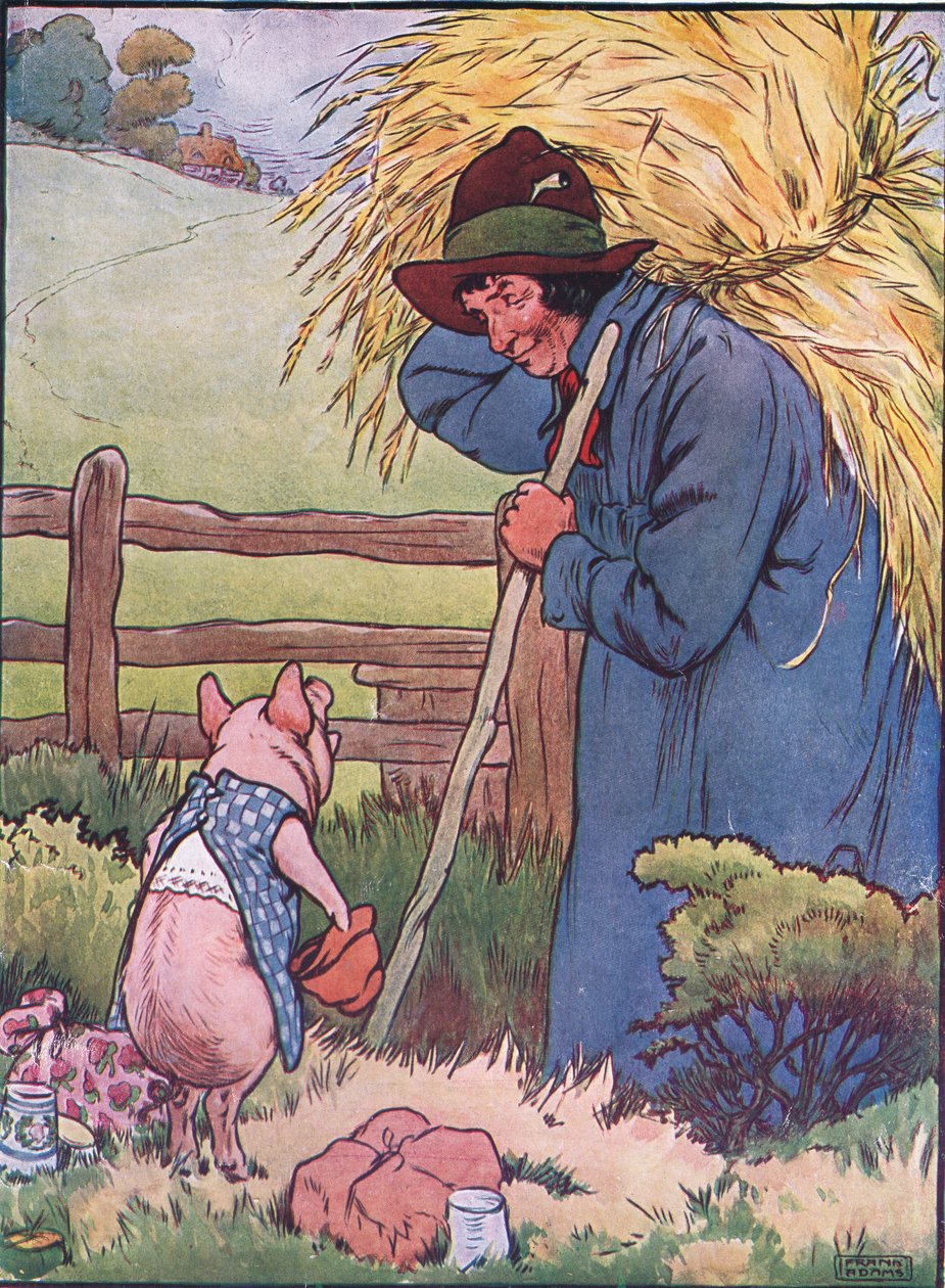 „Ha kérem, uram” – mondta, „adná nekem azt a szalmát, hogy építsek belőle házat?”, illusztráció az 1930-as években megjelent „A három kismalac”-ból (színes litó) alkotó: Frank Adams