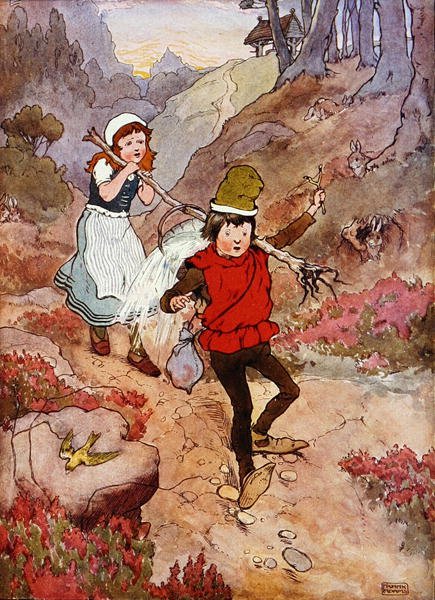 Jack és Jill, illusztráció a „The Beautiful Book of Nursery Rhymes, Stories and Pictures”-ből, Frank Adams, kiadó: Blackie & Son (színes litho) alkotó: Frank Adams